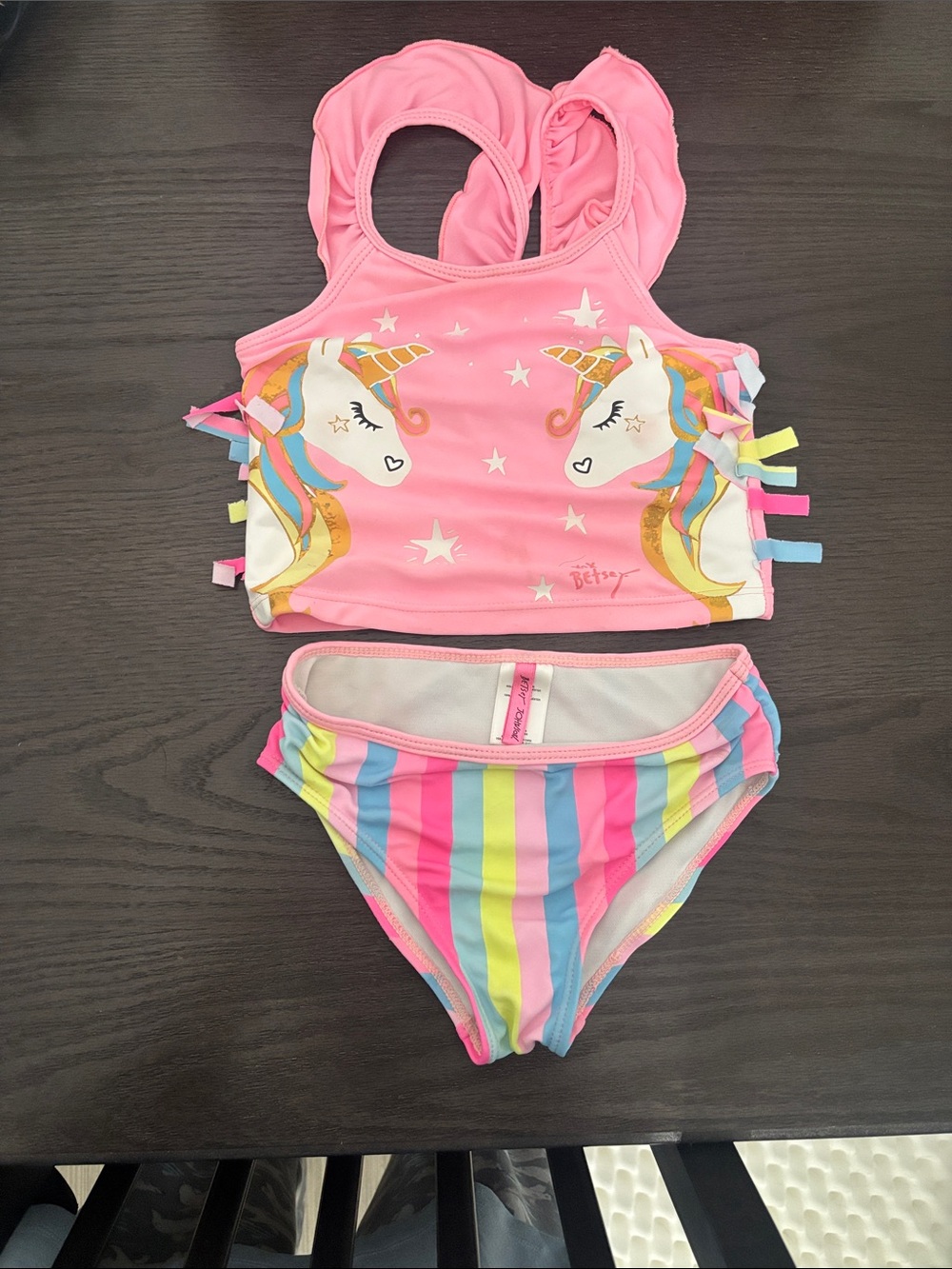 Betsey Johnson Pink Unicorn Tankini with Rainbow Stripes